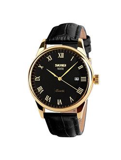 Business Men’s Quartz Wristwatches Roman Numeral Leather Band Casual Water Resist Analog Watches