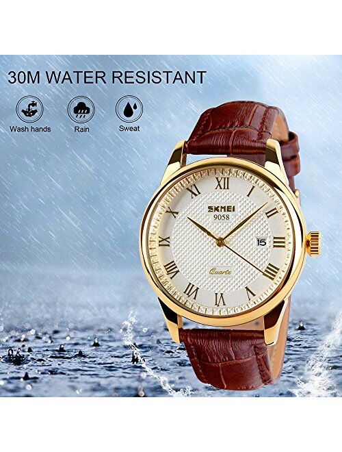 SKMEI Business Men’s Quartz Wristwatches Roman Numeral Leather Band Casual Water Resist Analog Watches