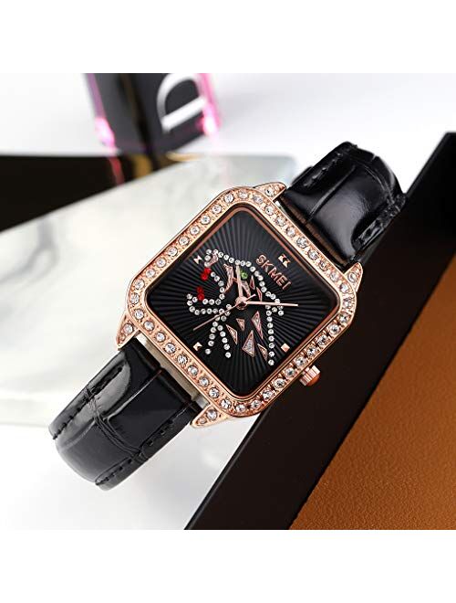Skmei Woman's Quartz Watches,3ATM Waterproof Fashion Elegant Diamond Case Wrist Watches for Lady with Genuine Leather Band