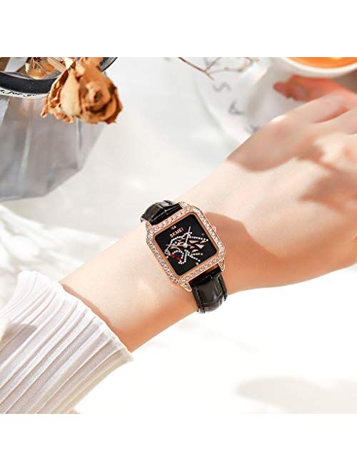 Skmei Woman's Quartz Watches,3ATM Waterproof Fashion Elegant Diamond Case Wrist Watches for Lady with Genuine Leather Band