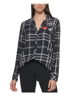 Long Sleeve Plaid Top With Patches