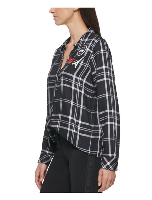 Karl Lagerfeld Long Sleeve Plaid Top With Patches