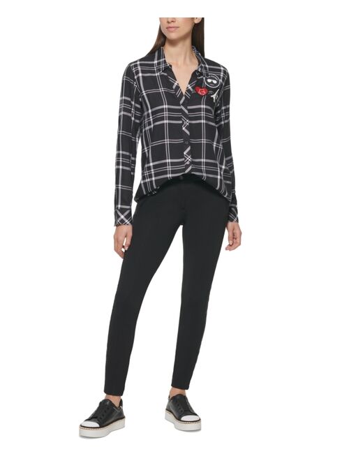 Karl Lagerfeld Long Sleeve Plaid Top With Patches