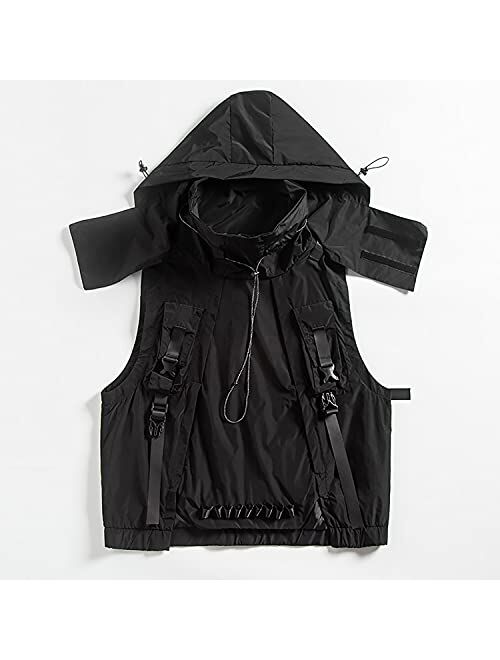 MOKEWEN Men's Cyberpunk Techwear Sleeveless Hooded Waistcoat with Pockets Jacket