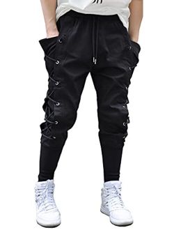 Men's Casual Streetwear Punk Tassels Lace Up Cargo Jogger Ankle Ninth Pants Black