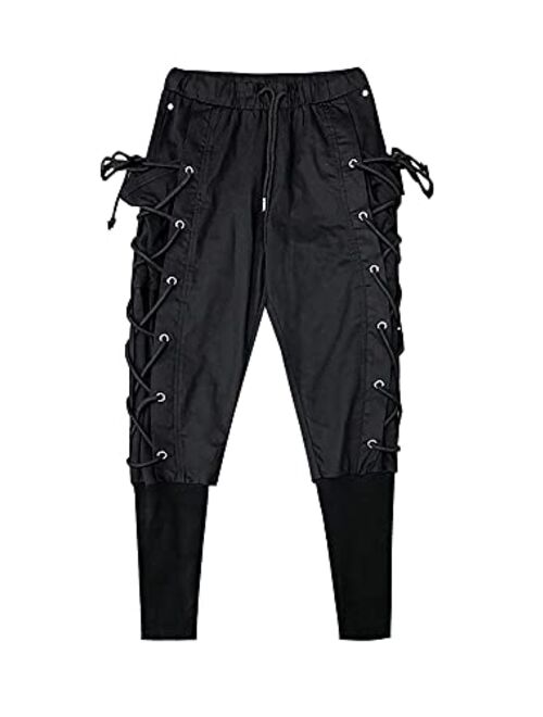 MOKEWEN Men's Casual Streetwear Punk Tassels Lace Up Cargo Jogger Ankle Ninth Pants Black