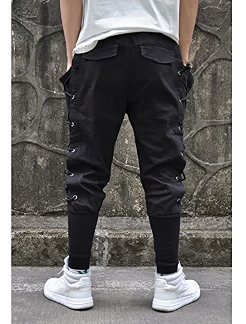 MOKEWEN Men's Casual Streetwear Punk Tassels Lace Up Cargo Jogger Ankle Ninth Pants Black