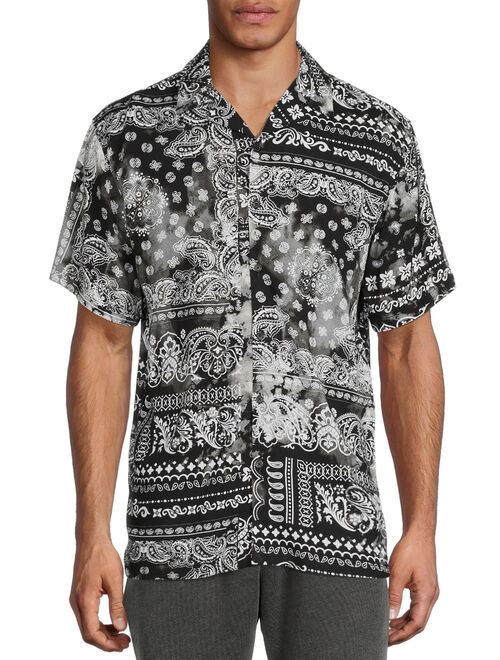 No Boundaries Men's and Big Men's Printed Button-Front Shirt with Short Sleeves