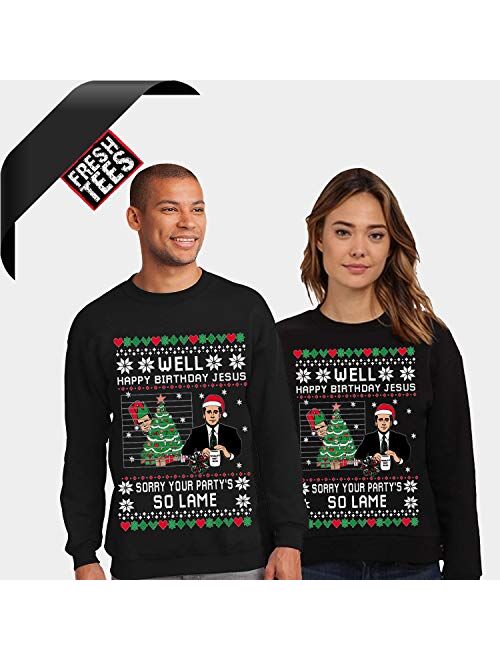 fresh tees The Office Well Happy Birthday Jesus Funny Ugly Christmas Sweater