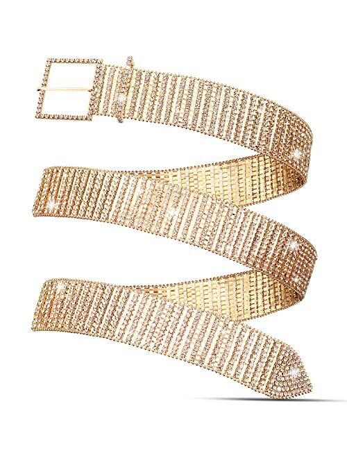 Geyoga Women Rhinestone Belt Wide Glitter Waist Belt Glitter Belt with Buckle Shiny Artificial Diamond Waist Belt for Jeans Dresses
