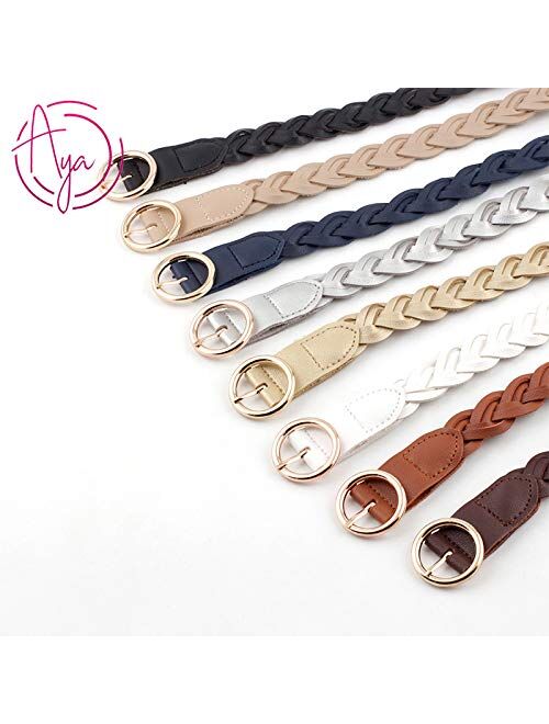 AYA Women's Braided Leather Belt | Skinny, Waist Belt for Dresses, Jeans & Skirts | O-Ring Golden Buckle Fashion Women’s Belt | Silver, Med