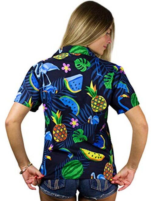 King Kameha Hawaiian Blouse Shirt for Women Funky Casual Button Down Very Loud Shortsleeve Parrot Cockatoo