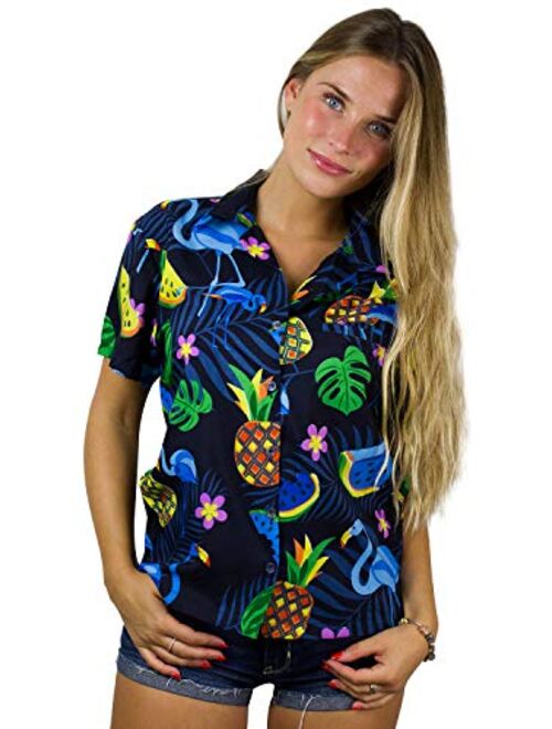 King Kameha Hawaiian Blouse Shirt for Women Funky Casual Button Down Very Loud Shortsleeve Parrot Cockatoo