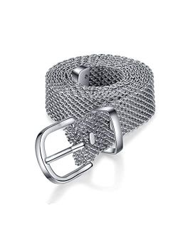 NONGFUGE Fashion Womens Silver Metal Mesh Braided Waist Chain Belt for Dresses Pants Jeans Skirts Girls Waist Band with Pin Buckle,28“-33.5”