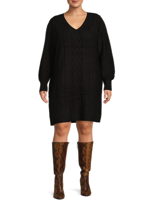 Terra & Sky Women's Plus Size Puff Sleeve Sweater Dress