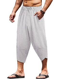 Men's Linen Harem Capri Pants Lightweight Loose 3/4 Shorts Drawstring Elastic Waist Casual Beach Yoga Trousers
