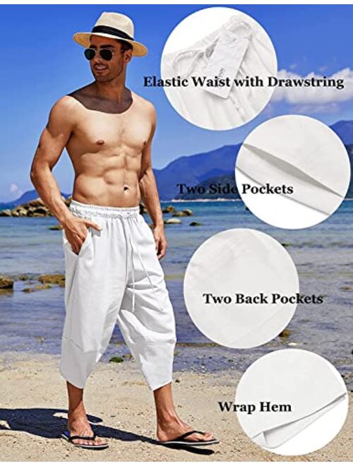COOFANDY Men's Linen Harem Capri Pants Lightweight Loose 3/4 Shorts Drawstring Elastic Waist Casual Beach Yoga Trousers