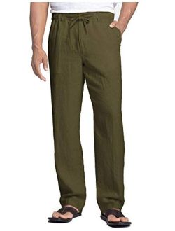 Men's Casual Linen Pants Elastic Waist Drawstring Cotton Trousers
