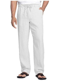 Men's Casual Linen Pants Elastic Waist Drawstring Cotton Trousers