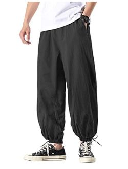 Men's Cotton Linen Pants Causal Drawstring Elastic Waist Harem Pants Lightweight Bloomer Trousers Loose Yoga Pants