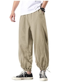 Men's Cotton Linen Pants Causal Drawstring Elastic Waist Harem Pants Lightweight Bloomer Trousers Loose Yoga Pants