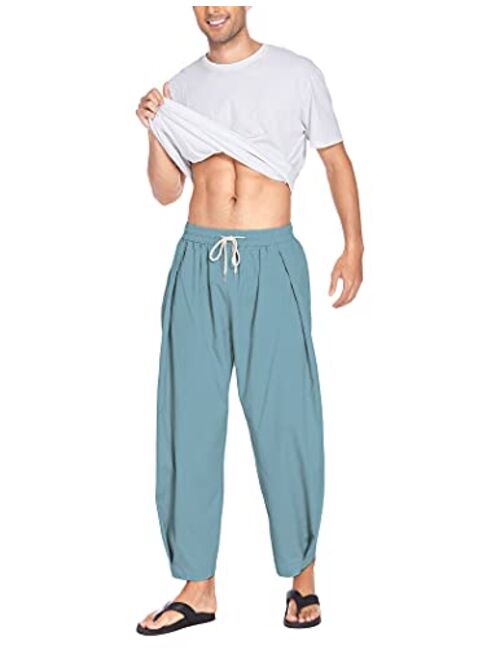 COOFANDY Men's Cotton Linen Harem Pants Drawstring Casual Cropped Trousers Lightweight Loose Beach Yoga Pants with Pockets
