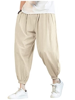 Men Cotton Linen Yoga Pant Casual Drawstring Loose Fit Baggy Harem Pant