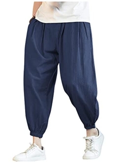 Men Cotton Linen Yoga Pant Casual Drawstring Loose Fit Baggy Harem Pant