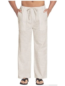Men Cotton Linen Yoga Pant Casual Drawstring Loose Fit Baggy Harem Pant