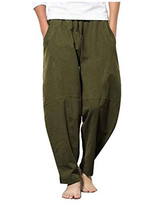 COOFANDY Men Cotton Linen Yoga Pant Casual Drawstring Loose Fit Baggy Harem Pant