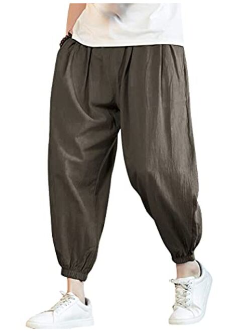 COOFANDY Men Cotton Linen Yoga Pant Casual Drawstring Loose Fit Baggy Harem Pant
