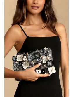 Blossom With Style Grey Velvet Multi Floral Sequin Beaded Clutch