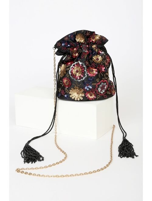 Lulus Shining With Glam Black Satin Multi Beaded Sequin Bucket Bag