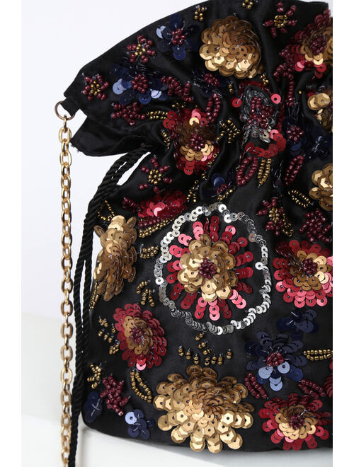 Lulus Shining With Glam Black Satin Multi Beaded Sequin Bucket Bag