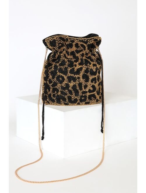 Lulus So Wild Black and Gold Beaded Leopard Drawstring Bag