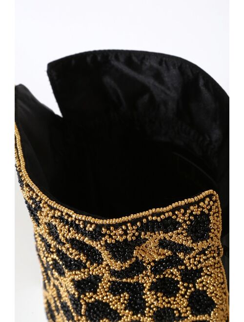Lulus So Wild Black and Gold Beaded Leopard Drawstring Bag