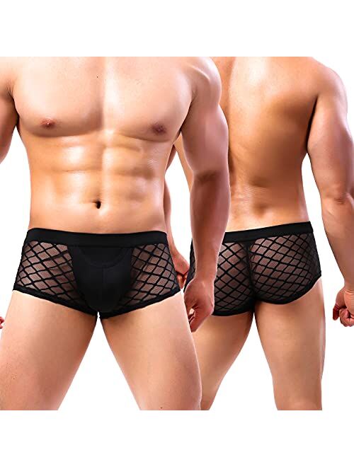 Casey Kevin Men's Underwear Sexy See Through Lace Boxer Briefs Mesh Trunks