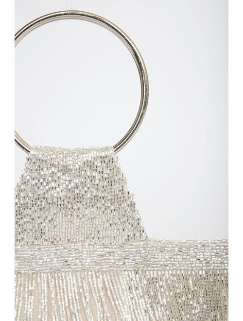 Lulus Social Function Beige and Silver Fringe Mini Handbag