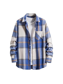 Men's Plaid Flannel Shirt Jacket Casual Regular Fit Long Sleeve Button Up Cotton Shirts Lightweight Thicken Warm Outerwear