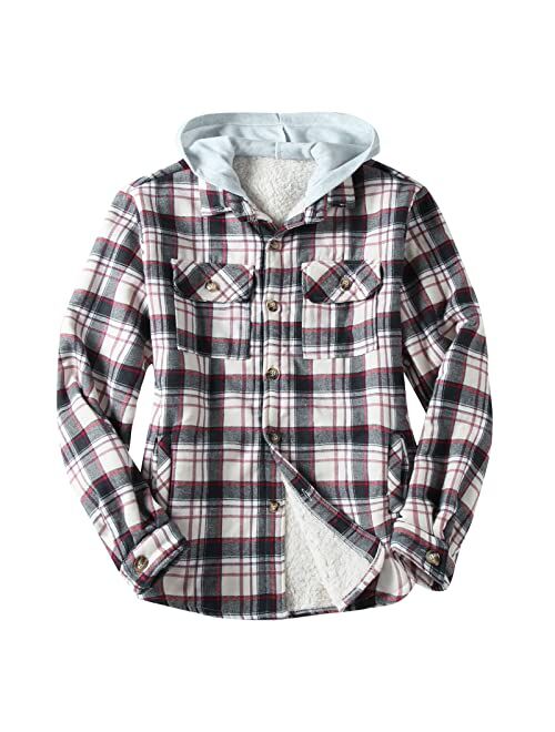 Mens Hooded Quilted Lined Flannel Shirt Jacket Long Sleeve Fuzzy Button Down Plaid Hoodies Coat Lightweight Warm Outwear