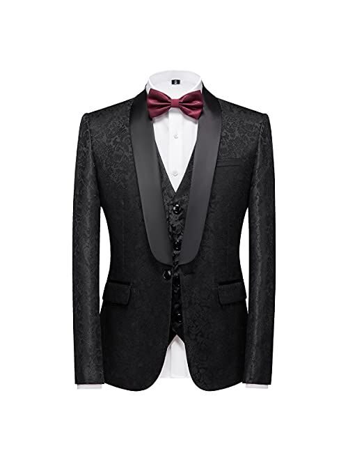 Kudoro Mens Suits Regular Fit 3 Piece Skinny Tuxedo Blazer Waistcoat Pants Shawl Lapel Paisley Suits Set Men for Wedding