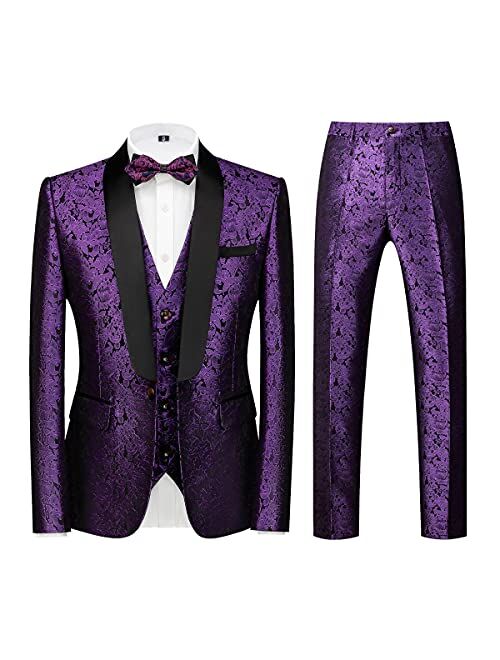 Kudoro Mens Suits Regular Fit 3 Piece Skinny Tuxedo Blazer Waistcoat Pants Shawl Lapel Paisley Suits Set Men for Wedding