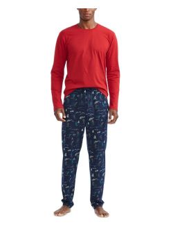 Men's 2-Pc. Solid Long-Sleeve Sleep T-Shirt & Printed Pajama Pants Set