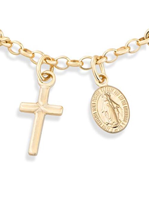 Miabella 925 Sterling Silver Italian Adjustable Bolo Dangle Rosary Cross Charm Chain Bracelet for Women Teen Girls Made in Italy