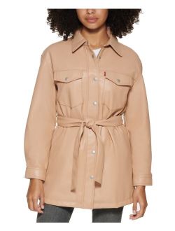 Belted Faux-Leather Shirt Jacket