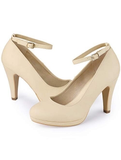 Women's Round Toe Stiletto Heel Ankle Strap Pumps