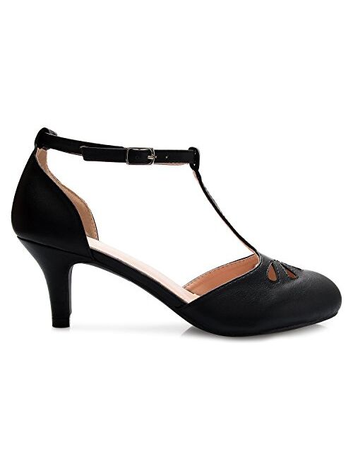 Olivia K Women's Kitten Low Heels T-Strap Pumps - Adorable Vintage Retro Shoes with T Strap - Unique Upper Cut Out Design