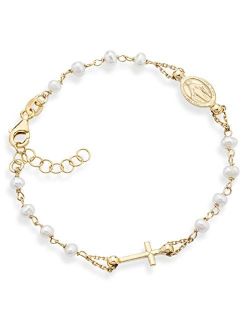 18K Gold over 925 Sterling Silver Handmade Italian 3.5-4mm White Cultured Freshwater Pearl Rosary Cross Charm Bead Bracelet for Women Teen Girls, Adjustable Link