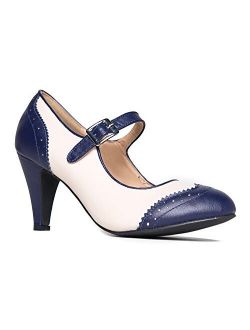 J. Adams Mary Jane Oxford Pumps - Cute Low Kitten Heels - Retro Round Toe Shoe with Ankle Strap - Kym