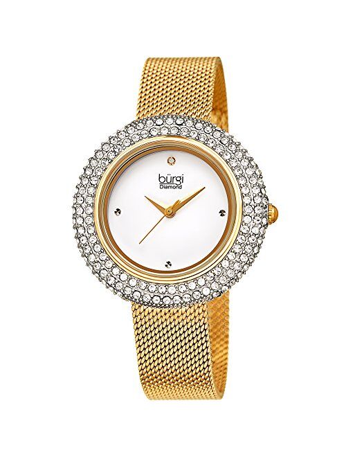 Swarovski Crystal Women's Watch - A Diamond Hour Marker on Accented Stainless Steel Mesh Bracelet Wristwatch - Perfect for Mother's Day - BUR220